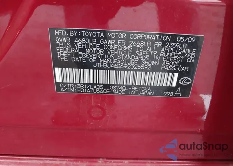 2009 Lexus Es 350 from USA, damaged, VIN JTHBJ46G692325592